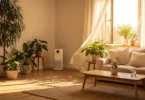 Salon lumineux avec plantes vertes et fenêtre ouverte, symbolisant une bonne qualité de l'air intérieur