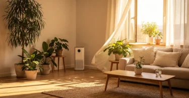 Salon lumineux avec plantes vertes et fenêtre ouverte, symbolisant une bonne qualité de l'air intérieur